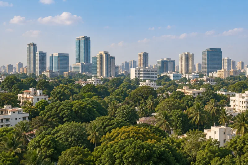 Illustration of Bengaluru buildings above a green tree canopy
