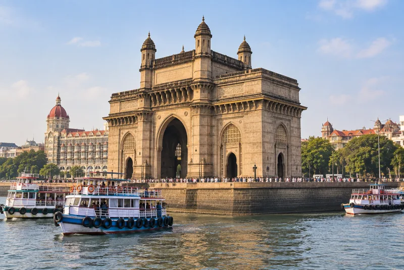 Illustration of the Gateway of India beside Mumbai harbour